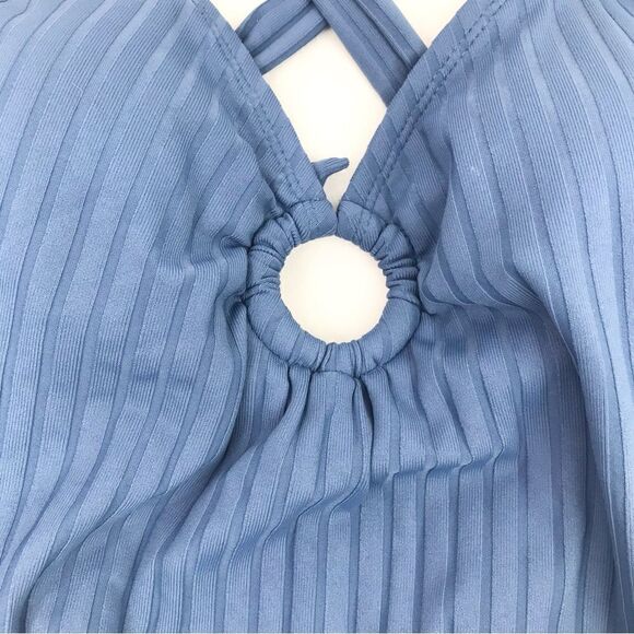 Kona Sol Blue Textured Stripe Ring Front Tie Back One Piece Bathing Suit - Picture 10 of 16